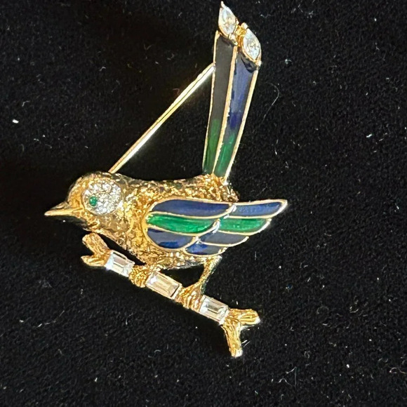 Vintage Gold and Rhinestone With Blue Green Enamel Bird Sparrow on a Branch - Picture 1 of 5